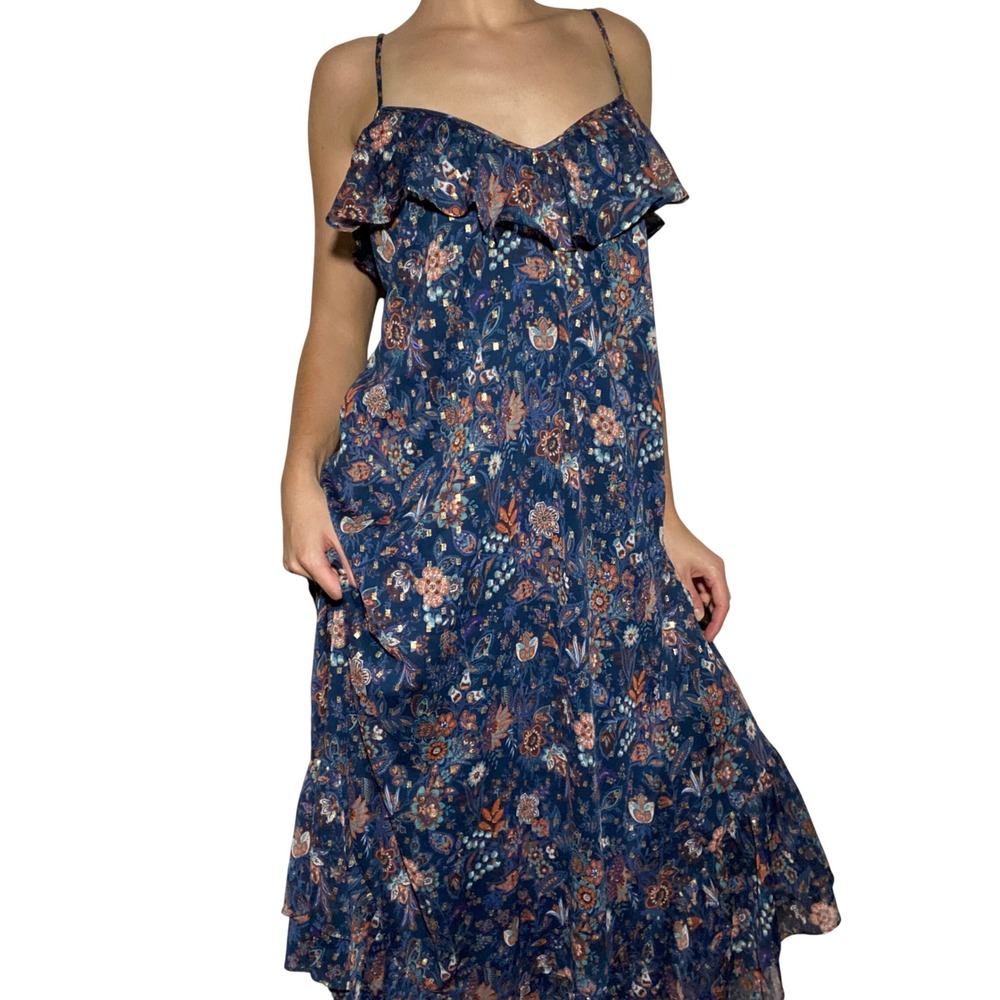LOFT Boho Blue Floral Metallic Ruffle Maxi Dress Ruffle Feminine Eclectic - L